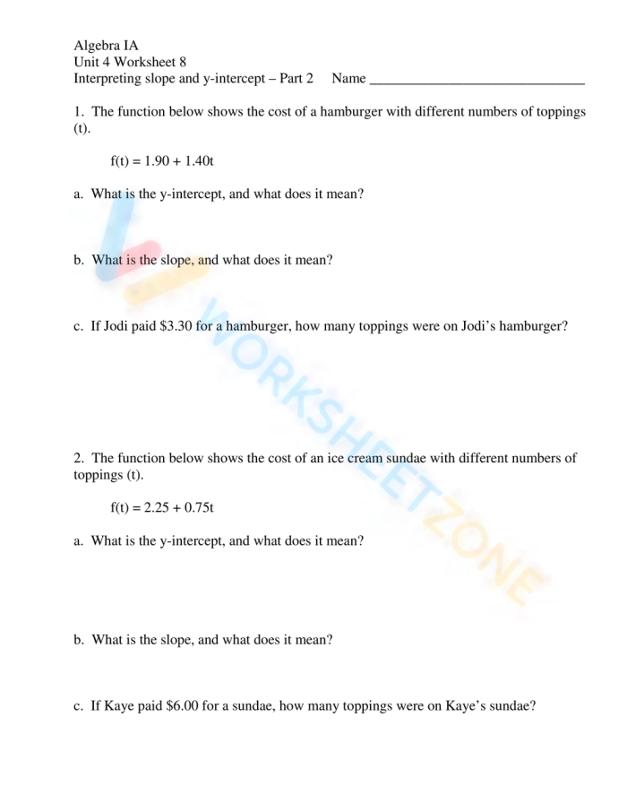 Eighth-grade students analyzing slopes and y-intercepts in a real-world context on a worksheet