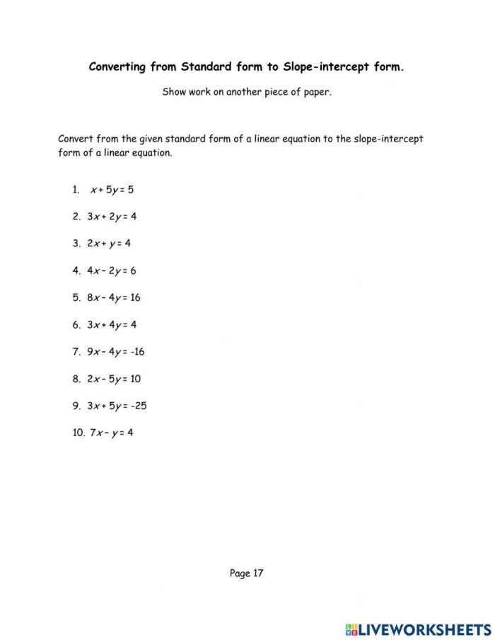 Eighth grade algebra worksheet displaying problems on converting graphs and tables into slope-intercept form