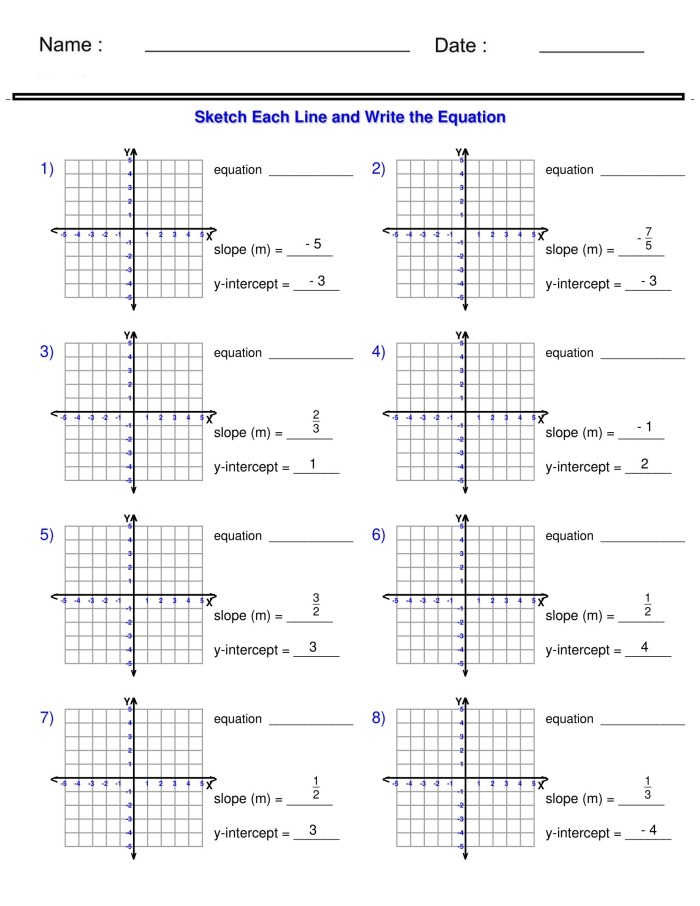 Slope-Intercept Form Writing Equations Worksheet 12 Eighth grade algebra worksheet for writing equations in slope-intercept form from a graphed line