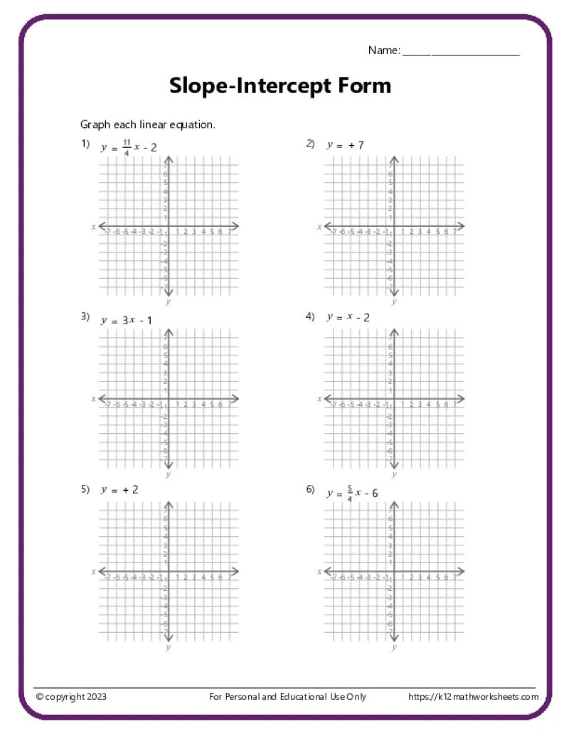 Eighth grade math worksheet showing a table of x and y values with instructions for writing slope-intercept form equations