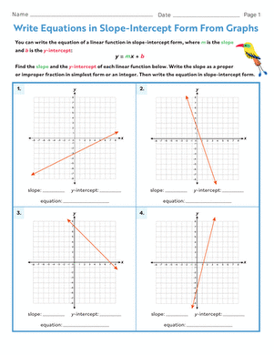 Eighth grade worksheet for writing linear equations in slope-intercept form using table data