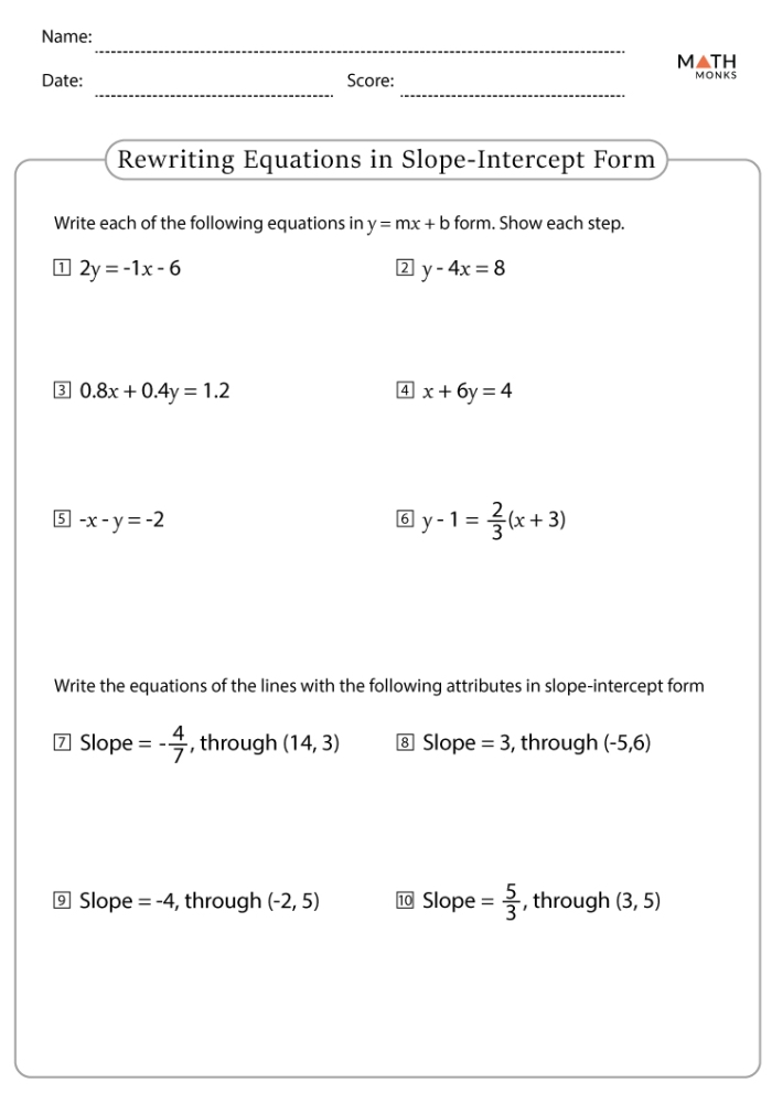 Eighth grade math worksheet for finding slope-intercept equations using data tables