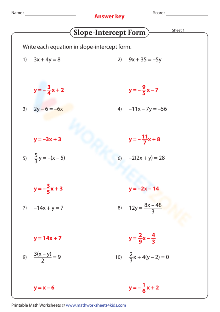 Eighth grade math worksheet showing a table of x and y values with instructions for writing slope-intercept form equations