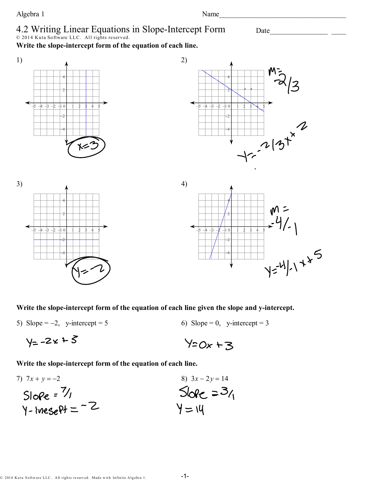Eighth grade math worksheet showing a data table with x and y values for practicing slope-intercept form equations