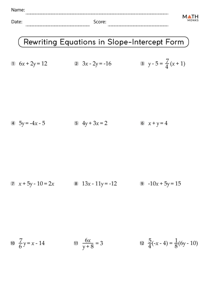 Eighth grade math worksheet focusing on calculating slope and y-intercept from input output tables
