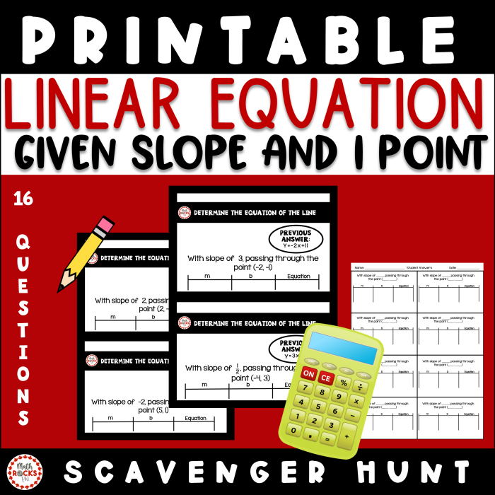 Eighth grade algebra worksheet showing slope and point coordinates for writing linear equations in slope-intercept form