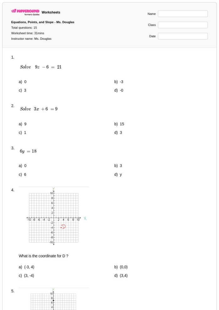 Slope Review Points Worksheet for Finding Line Slopes from Coordinate Pairs Eighth grade student working through slope calculations using coordinate points on a practice worksheet