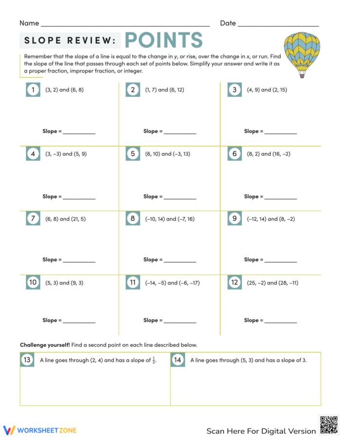 Eighth grade worksheet showing coordinate planes with lines for calculating slope from a graph