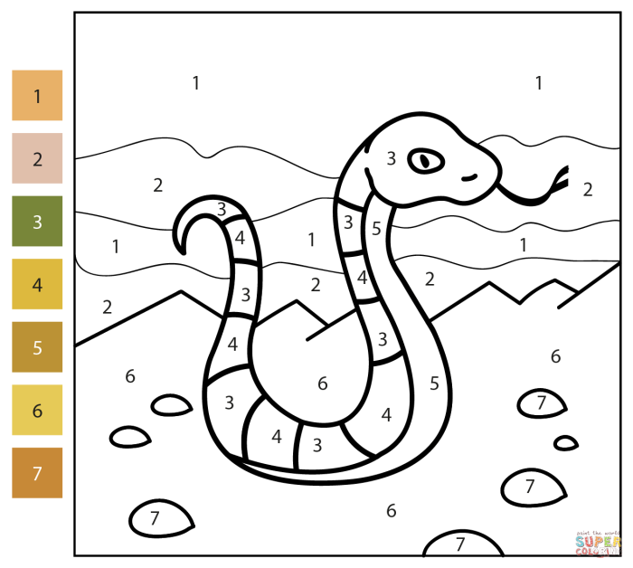 Coloring worksheet featuring playful snakes with hidden patterns for kids