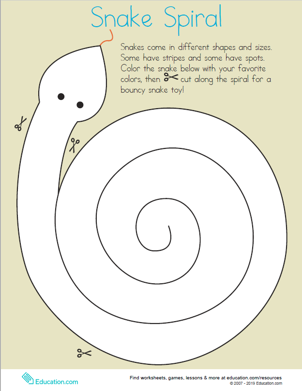 Physical Science worksheet for Pre-K Colorful snake spiral worksheet for kids to cut and color, enhancing fine motor skills. Engaging arts and crafts activity for pre-K students focused on cutting.