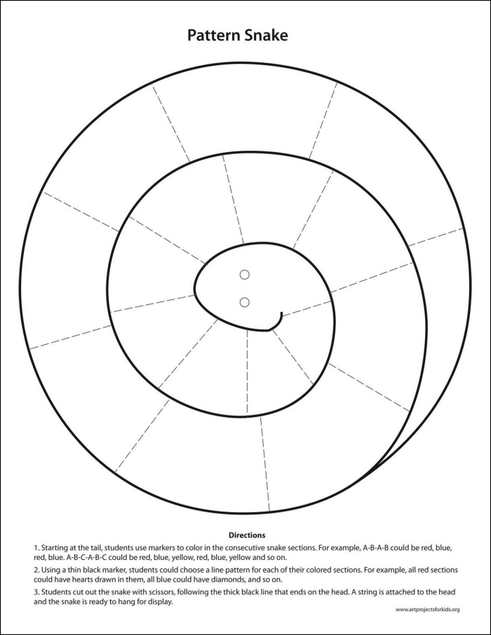 Snake Spiral Cutting Exercise Worksheet 19 for Preschool Fine Motor Skills Pre-K student working on a snake spiral cutting and coloring activity worksheet number 19