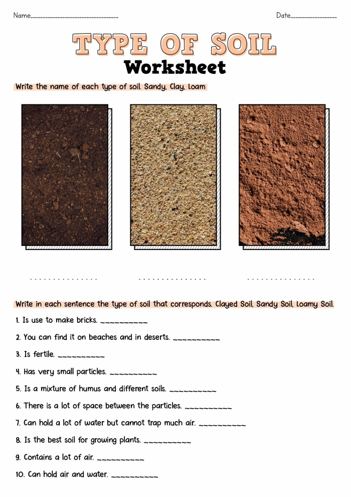 Second grade science worksheet about the components and formation of soil