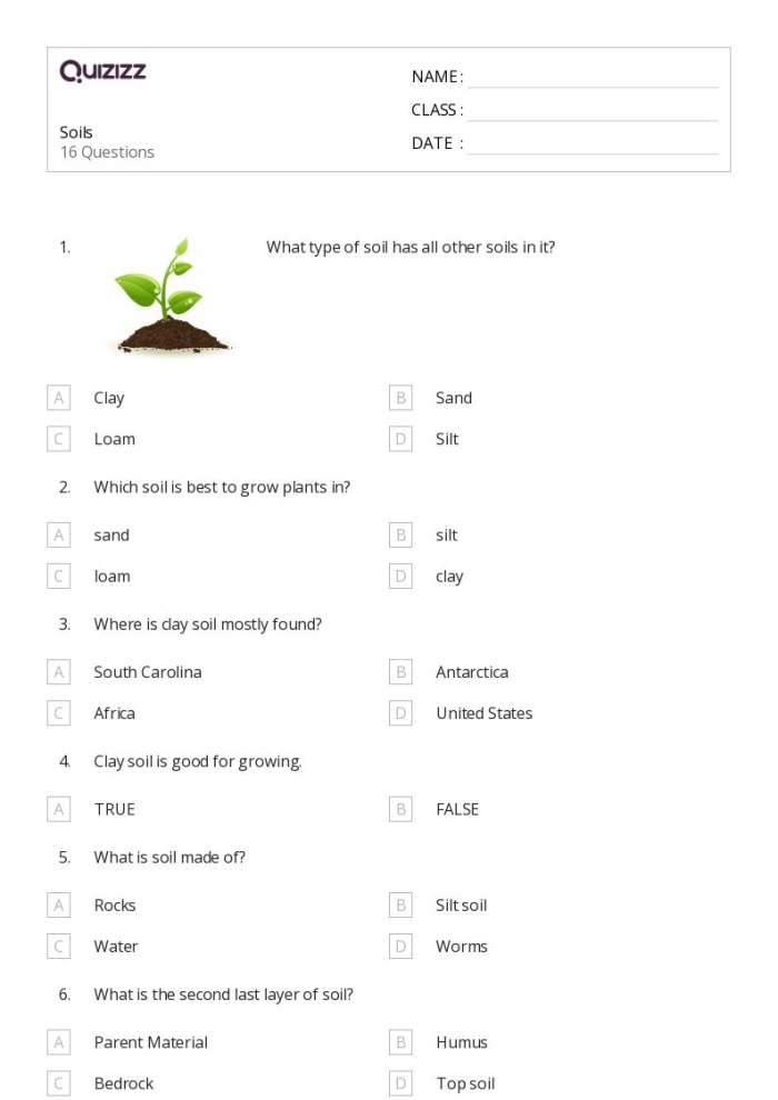 Second grade science worksheet about the composition and formation of soil