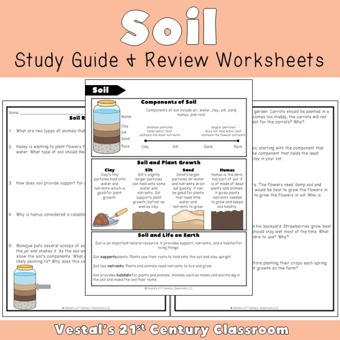 Second grade earth science worksheet explaining the formation and components of soil