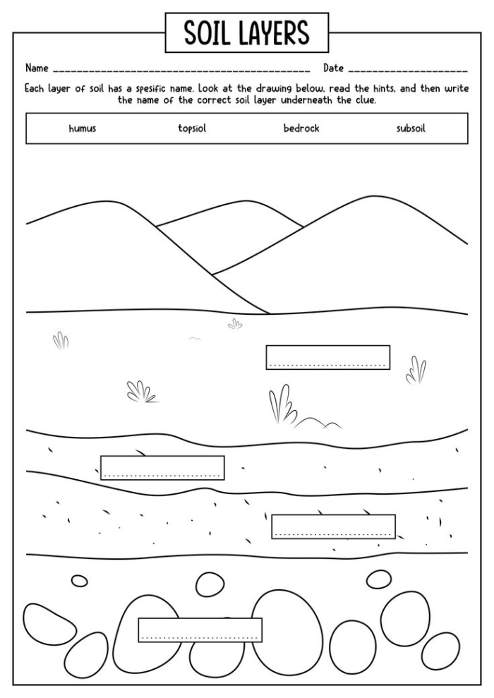 Second grade student learning about soil layers and earth science concepts on an educational worksheet