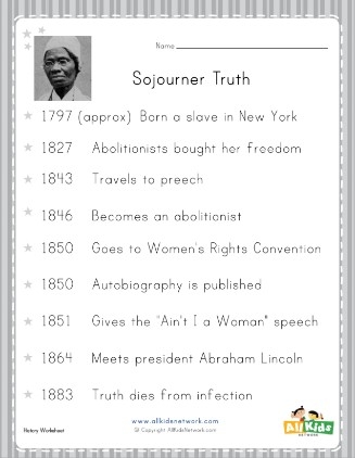 Second grade history worksheet showing a timeline of important life events for Sojourner Truth