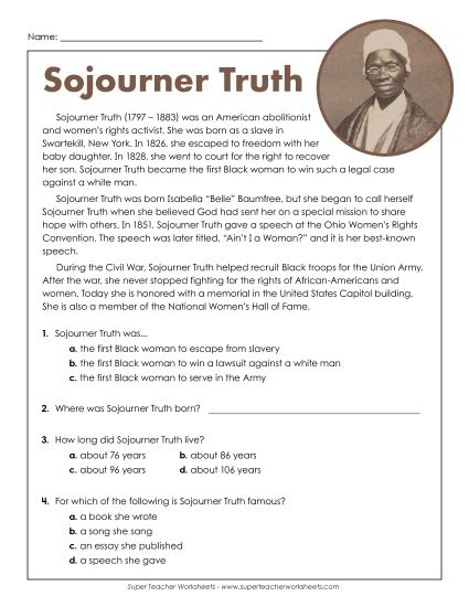 Sojourner Truth Timeline worksheet for tracking key historical events in her life