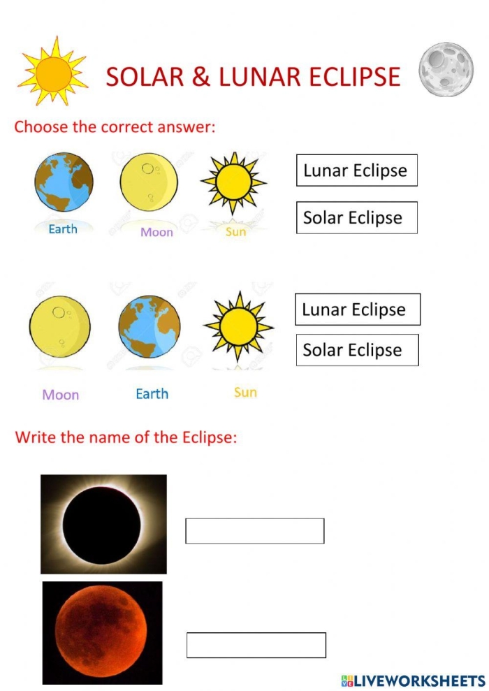 Sixth grade science worksheet featuring educational activities about solar eclipses