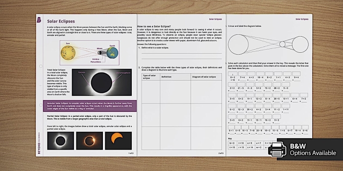 Sixth grade student completing a solar eclipses science worksheet with reading comprehension questions