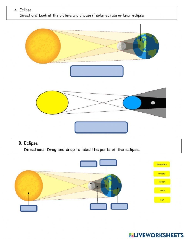 Sixth grade student completing a solar eclipses science worksheet with reading comprehension questions and diagrams
