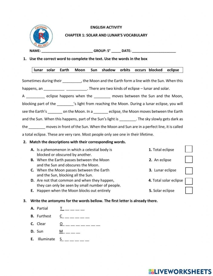 Sixth grade students practicing reading comprehension skills with a solar eclipses worksheet