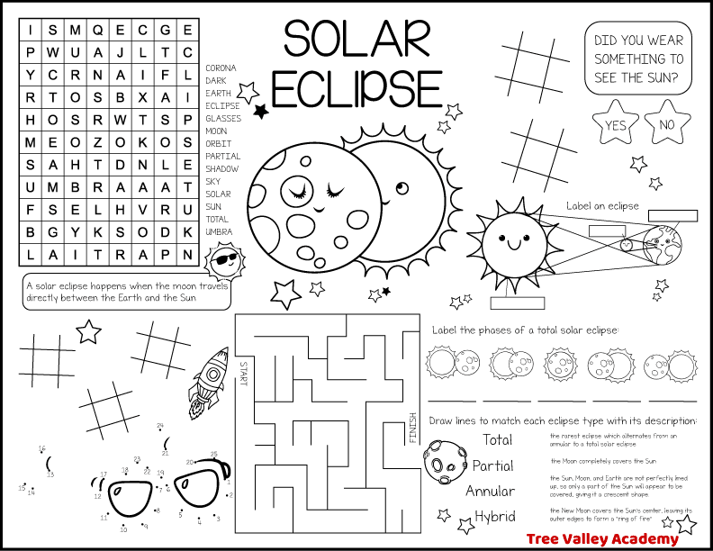 Sixth grade science worksheet featuring reading comprehension questions about the science of solar eclipses