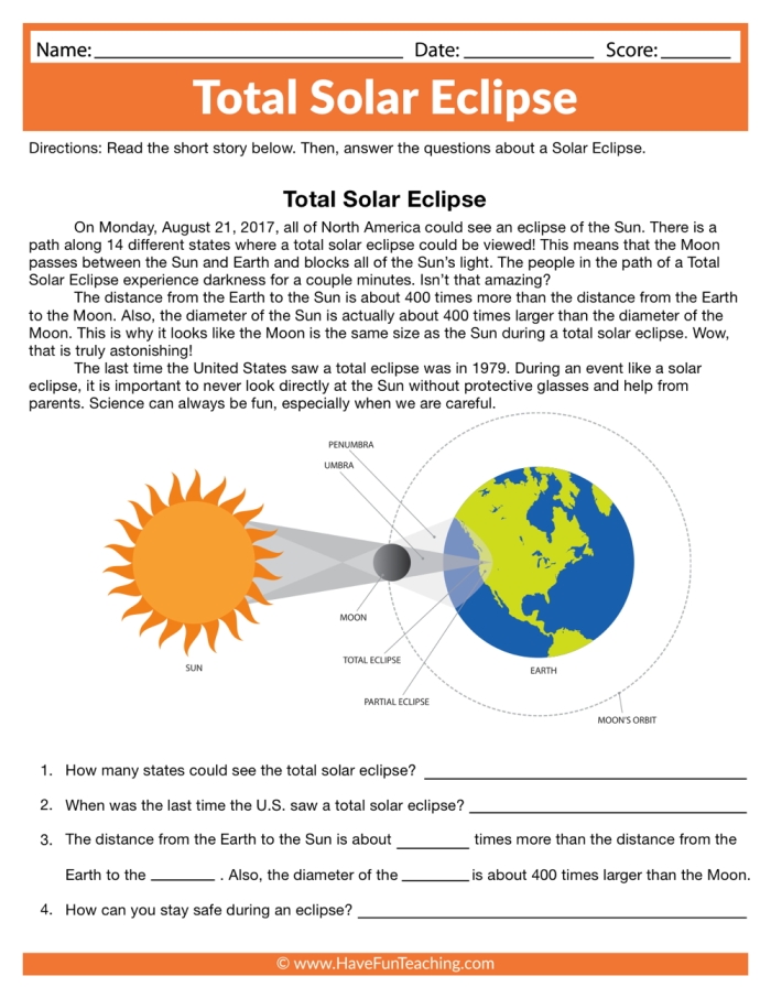 Sixth grade student completing a solar eclipse science worksheet with reading comprehension questions