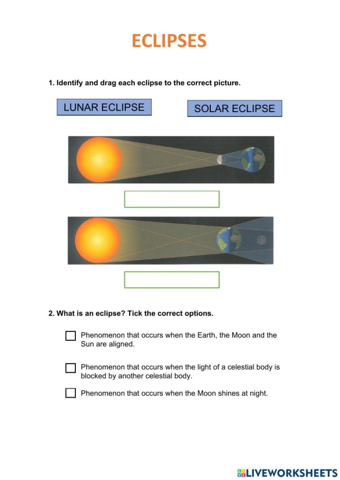 Sixth grade science worksheet featuring educational reading questions about solar eclipses