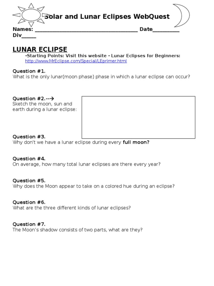 Sixth grade student completing a solar eclipses science worksheet with questions about moon and sun alignment
