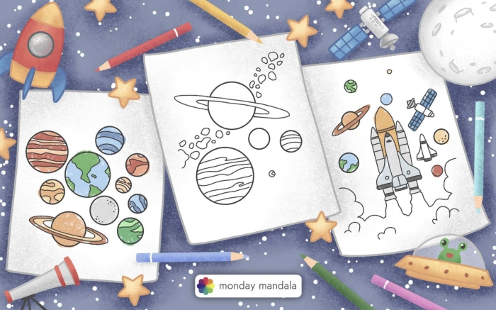 Fun solar system coloring page showcasing planets and distances to Pluto Coloring page worksheet featuring the solar system for second graders