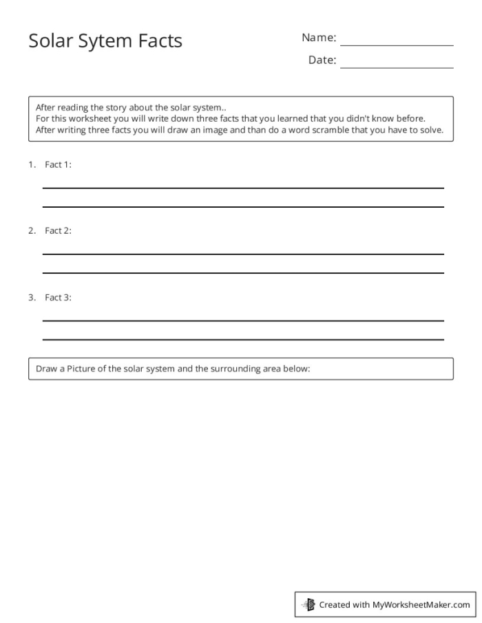 Second grade science worksheet featuring a matching activity for learning solar system facts