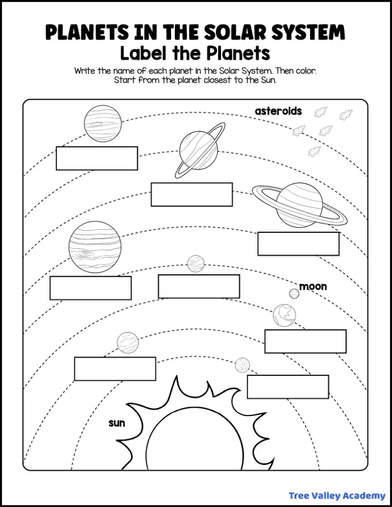 Third grade student worksheet featuring the planets in our solar system to practice labeling their names