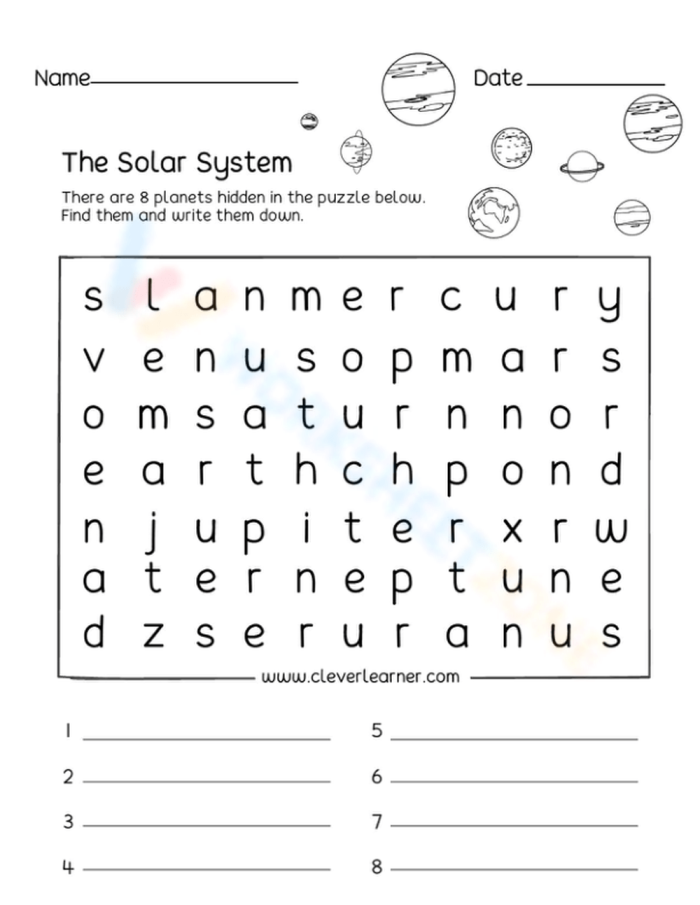 Second grade solar system word search worksheet with planet vocabulary words