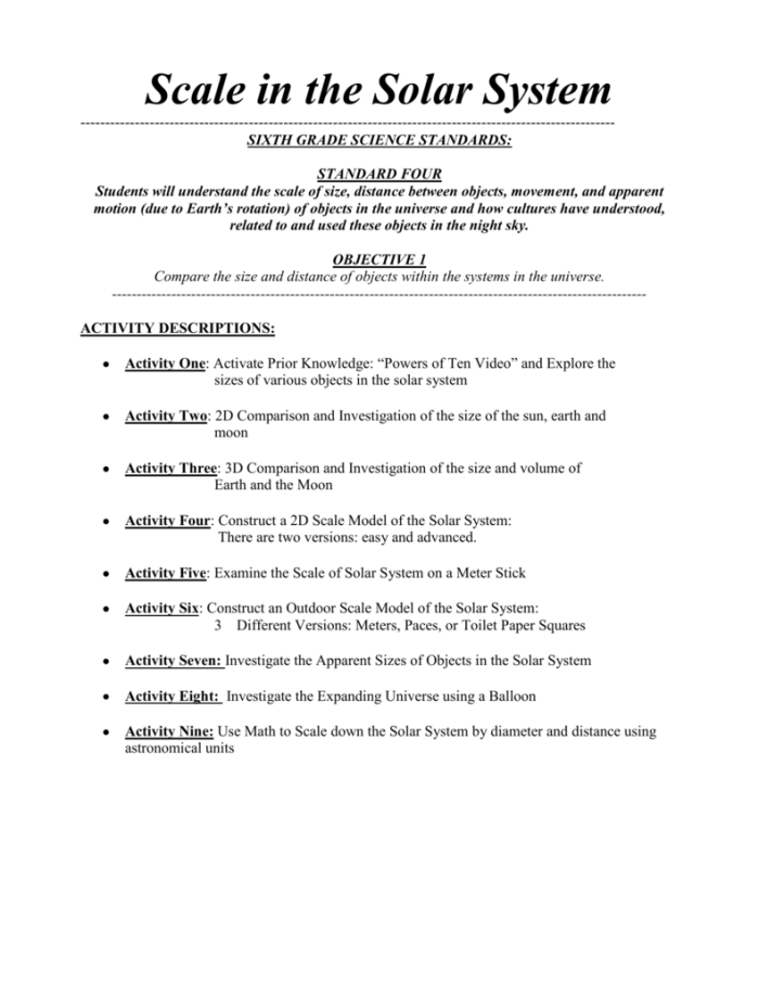 Sixth grade students comparing planetary distances and sizes on a scale solar system worksheet