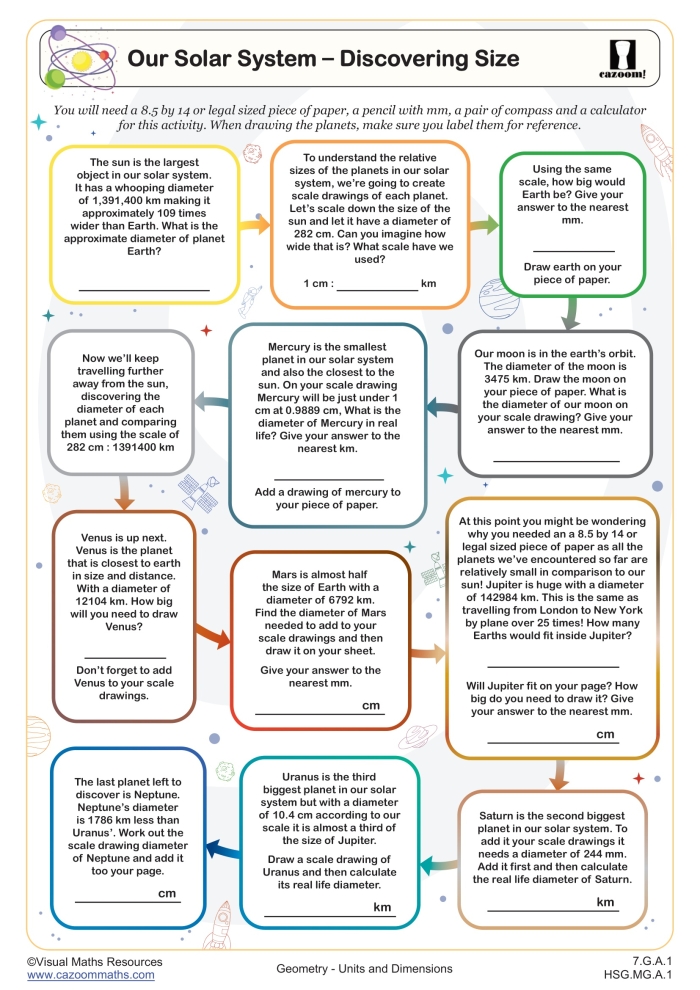 Sixth grade student completing a solar system scale properties worksheet