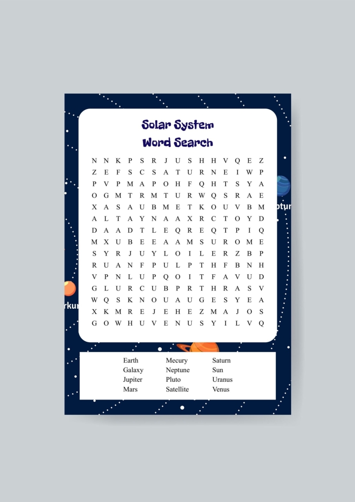 Solar System Word Search worksheet for second graders featuring planet names and outer space themes