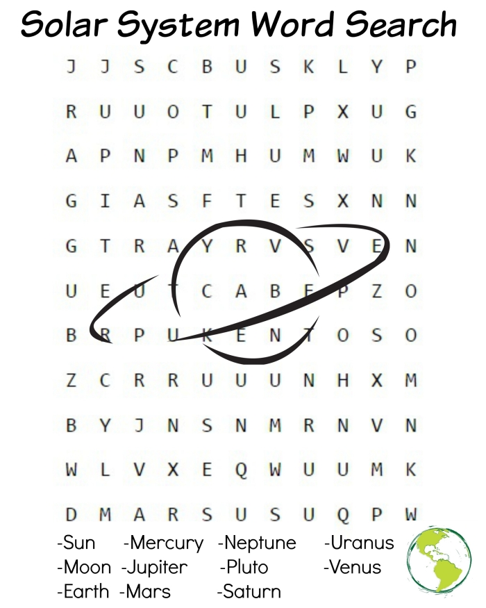 Second grade solar system word search worksheet featuring space theme illustrations