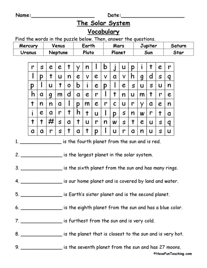 Solar system word search puzzle featuring space-themed planet vocabulary for second grade students