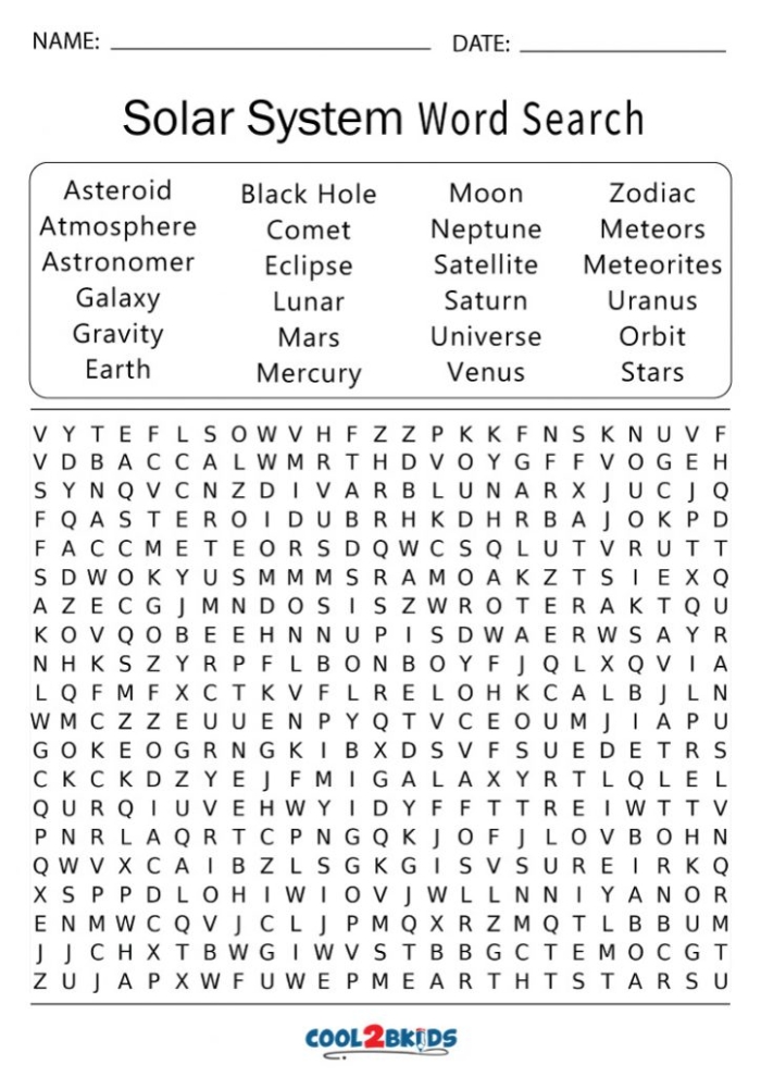 Solar system word search worksheet for second grade students featuring planet vocabulary