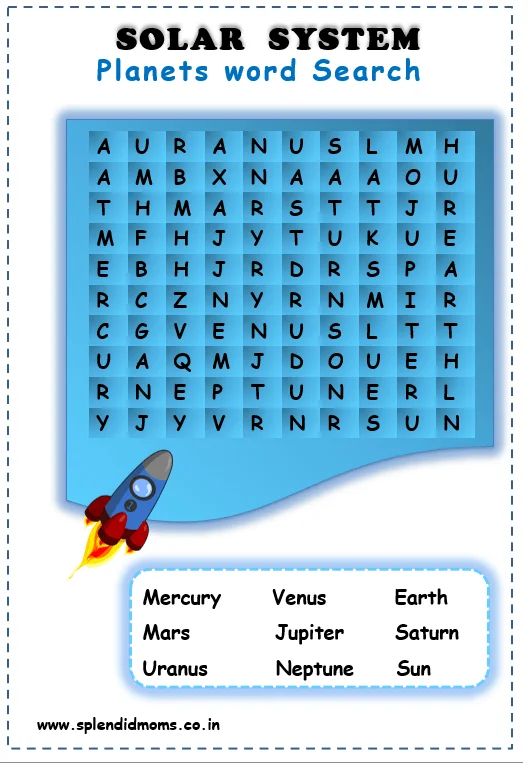 Solar System Word Search worksheet for second graders featuring planet names and outer space themes