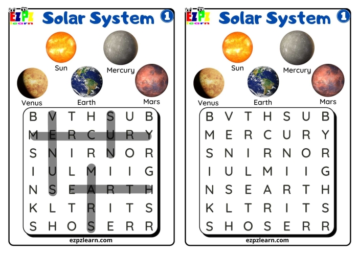 Solar System Word Search worksheet for second graders featuring planet names