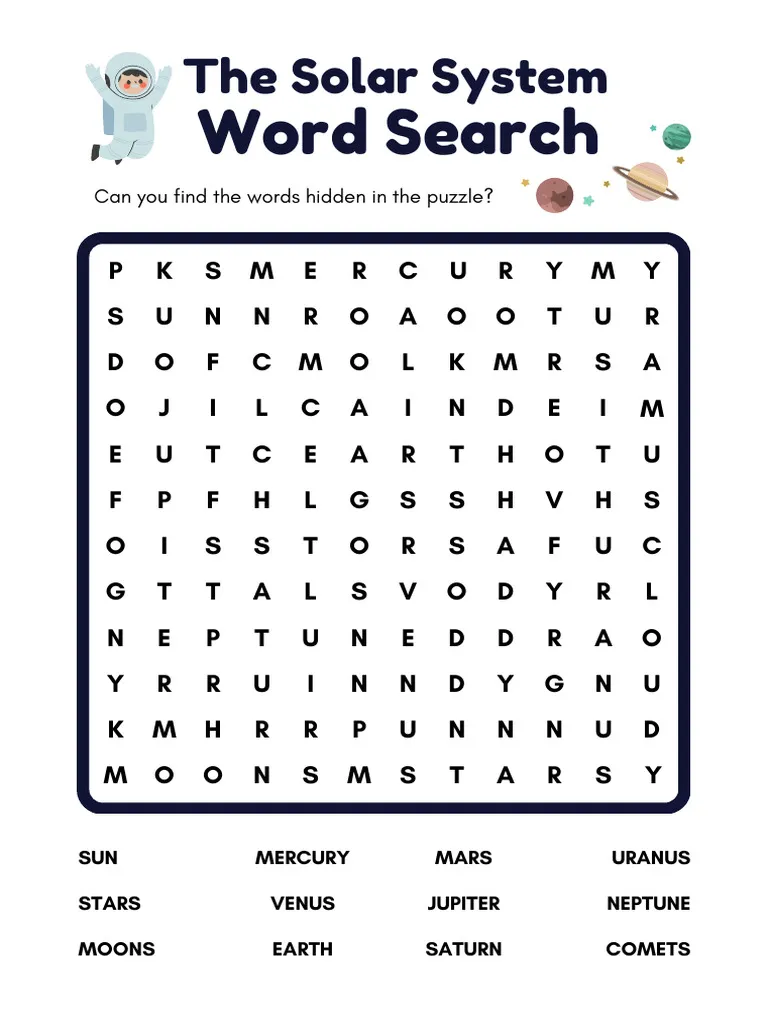 Second grade students learn planet names with this engaging solar system word search worksheet