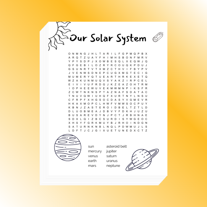 Solar System Word Search worksheet for second graders featuring planet names