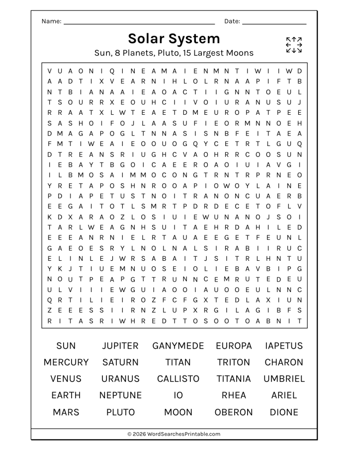 Solar System Word Search worksheet designed for second graders exploring planet names
