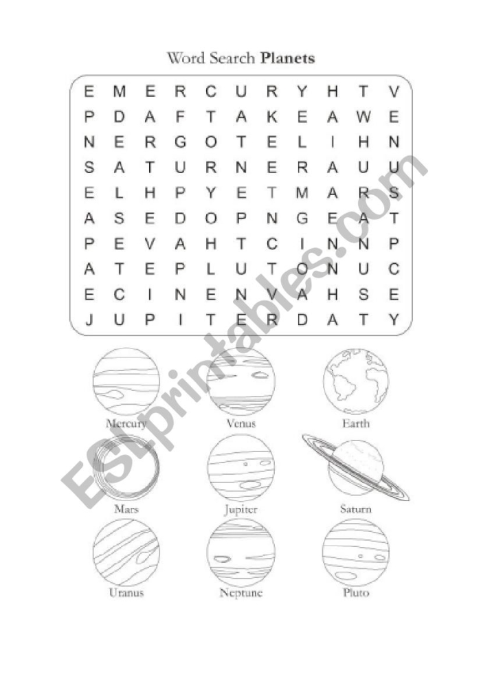 Solar System Word Search worksheet for second graders featuring planet names and outer space themes