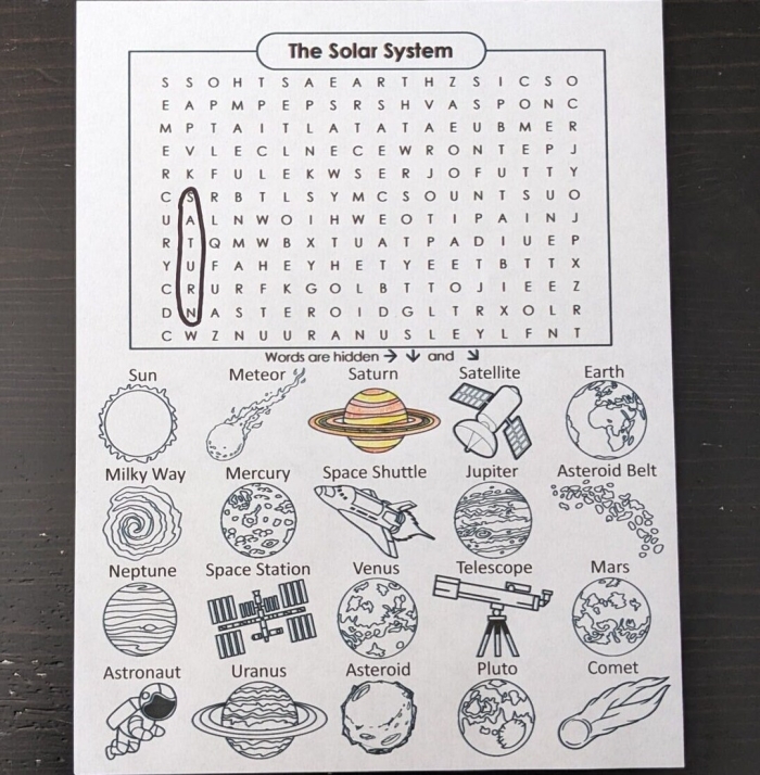 Second grade solar system word search worksheet with space themed planet names to find