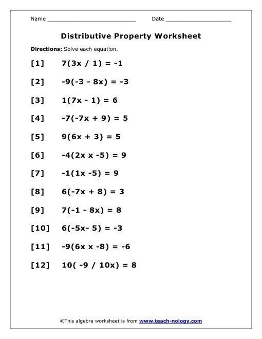 Solve Equations With the Distributive Property Worksheet 25 Eighth grade math worksheet focusing on solving equations using the distributive property