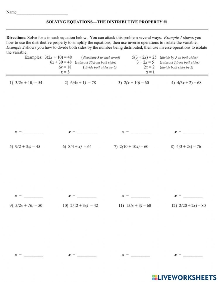 Solve Equations With the Distributive Property Worksheet 21 Eighth grade algebra worksheet for solving equations using the distributive property of multiplication