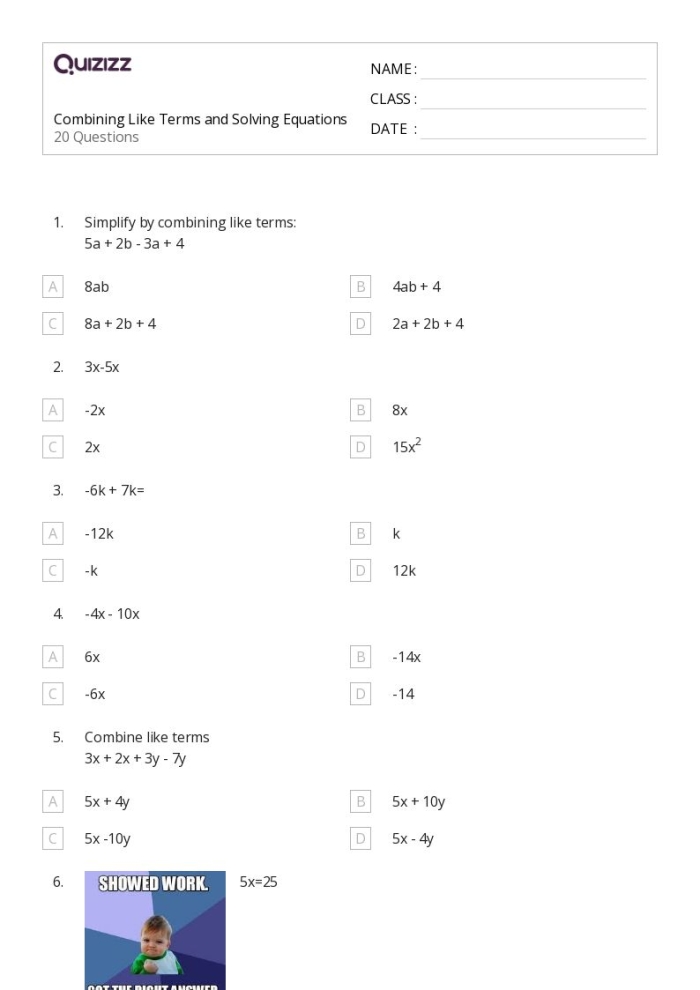 Eighth grade algebra worksheet for solving equations with like terms level 2