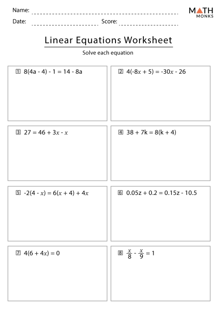 Eighth grade algebra worksheet for practicing solving equations with like terms